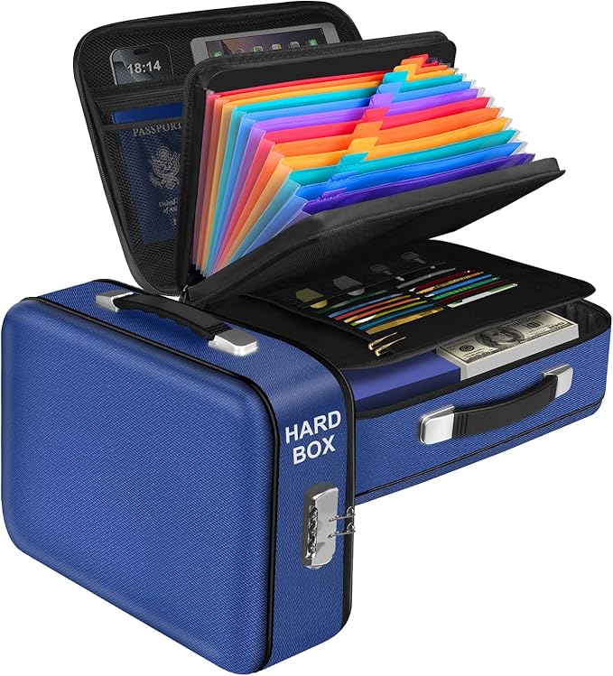 Fireproof Document Box, Hard Shell Fireproof Box, Document Organizer with Lock, Fireproof Water Resistant box, Portable Documents Safe Box for Important Document Certificates, Laptop, Passports, Blue