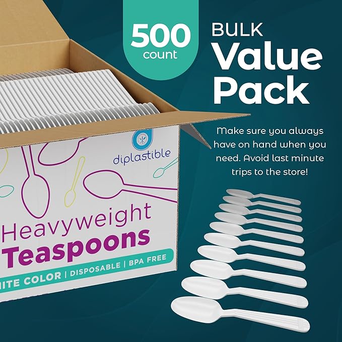 500 Count – Heavyweight Disposable White Plastic Tea Spoons | Dessert Spoons Plastic | Great for Celebrations, Parties, Travels, Events, and Everyday Use