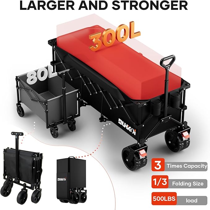 49" L Collapsible Foldable Extended Wagon with 500lbs Weight Capacity,300L Heavy Duty Beach Cart,Large Utility Wagon with Cup Holders,Cart for Sports,Outdoors,Grocery,Shopping,Black