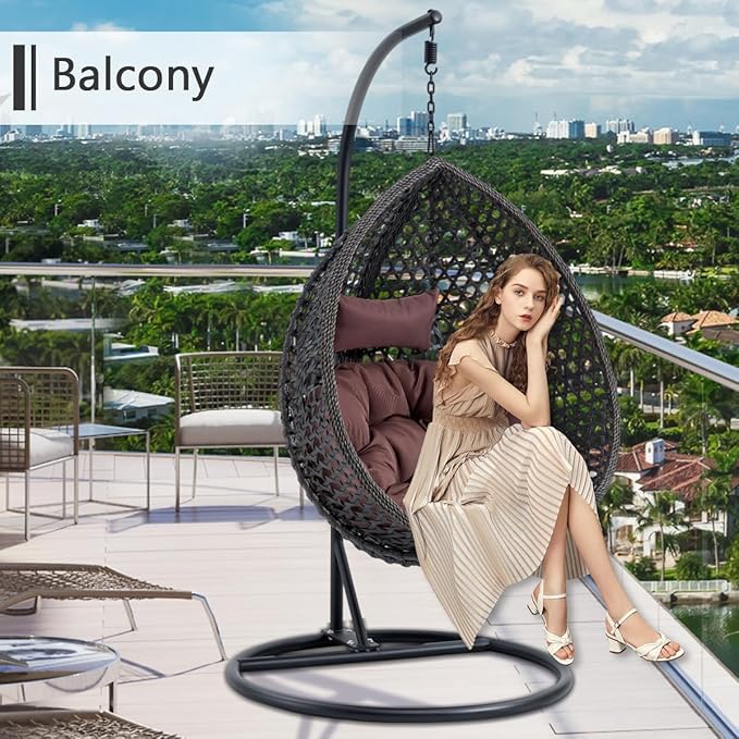JUFU Egg Swing Chair with Stand,Hanging Egg Chair Indoor Outdoor,Hammock Hanging Basket Chair with Aluminum Steel Frame，Patio Egg Chair with Removable Cushions for Patio Balcony Backyard,Bedrooms