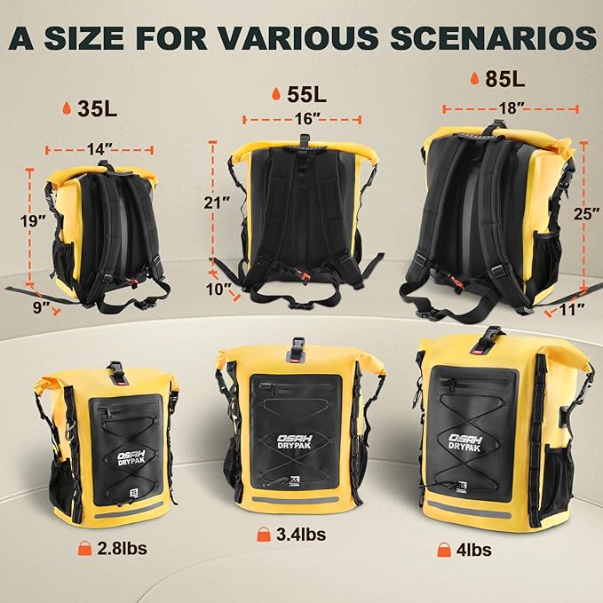 Waterproof Backpack Dry Bag 35L/55L/85L – Heavy Duty Roll-Top Hiking Backpack for Travel, Kayaking, Boating, Camping, Rafting and Fishing