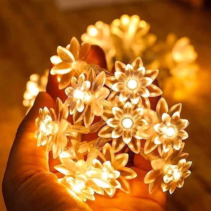 USB & Battery Operated Flower Fairy Lights, 10ft 30 LED Twinkle Diwali Soft Rubber Lotus Floral Lamps with Timer for Kids' Room Garden Patio Christmas Easter Tree Wall Hanging Decor, Warm White
