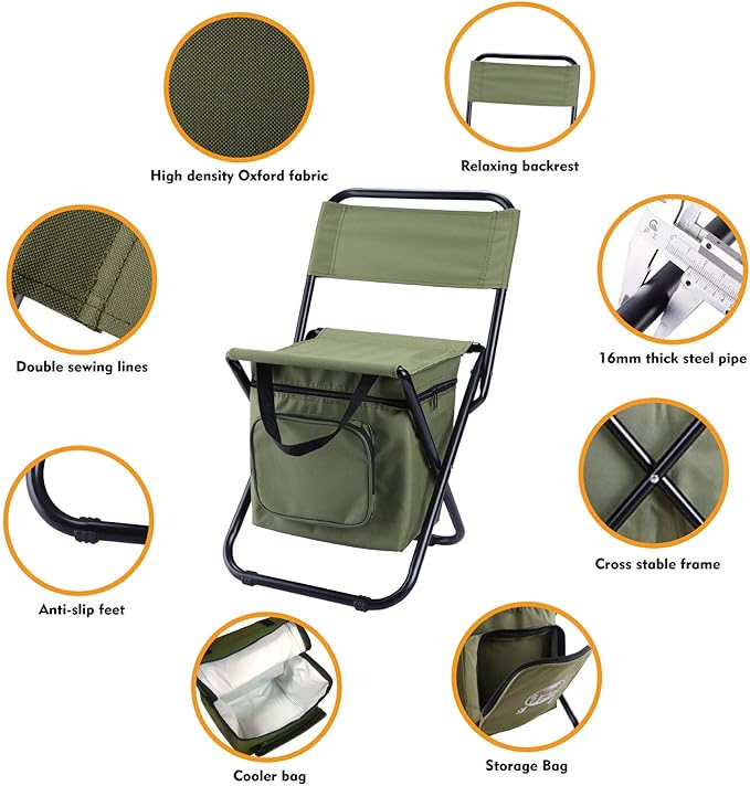 LEADALLWAY Fishing Chair with Cooler Bag Compact Fishing Stool Foldable Camping Chair