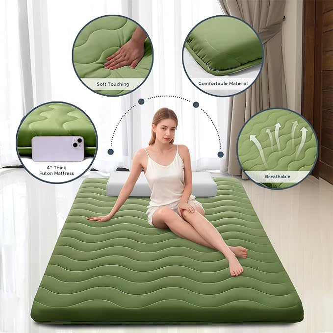 Japanese Floor Mattress, 100% High Density Comfortable Foam, 4" Thicken Foldable Mattress Tatami Mat Sleeping Pad, Ideal for Comfort and Support, Kids Floor Lounger Pillow Bed Sofa, Green, Twin