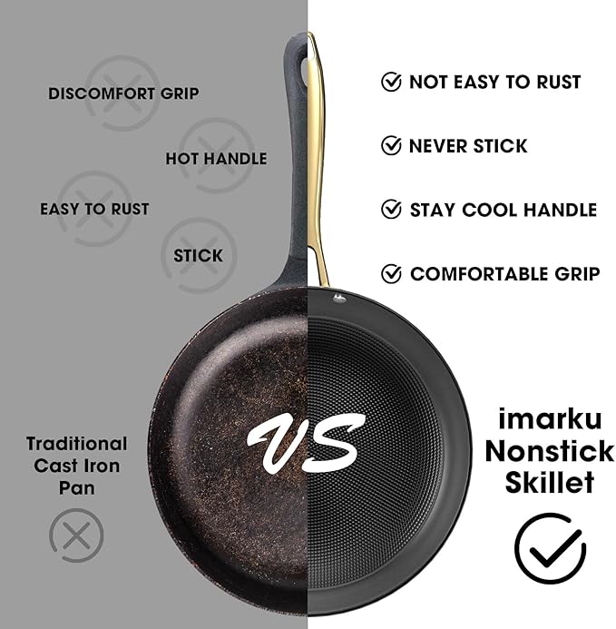 imarku Non stick Frying Pans, Long Lasting 10 Inch Frying Pan, Professional Nonstick Frying Pan Cast Iron Skillet, Stay Cool Handle, Easy Clean Oven Safe Pans, Birthday Day Gifts
