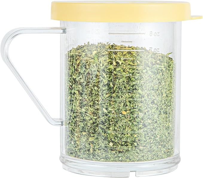 Restaurantware-RW Base 10 Ounce Clear Plastic Dredge Spice Shaker, 1 Reusable Dry Rub Shaker - Includes Yellow Perforated Lid, With Handle, Clear Polycarbonate Spice Holder, For Coarse Seasonings