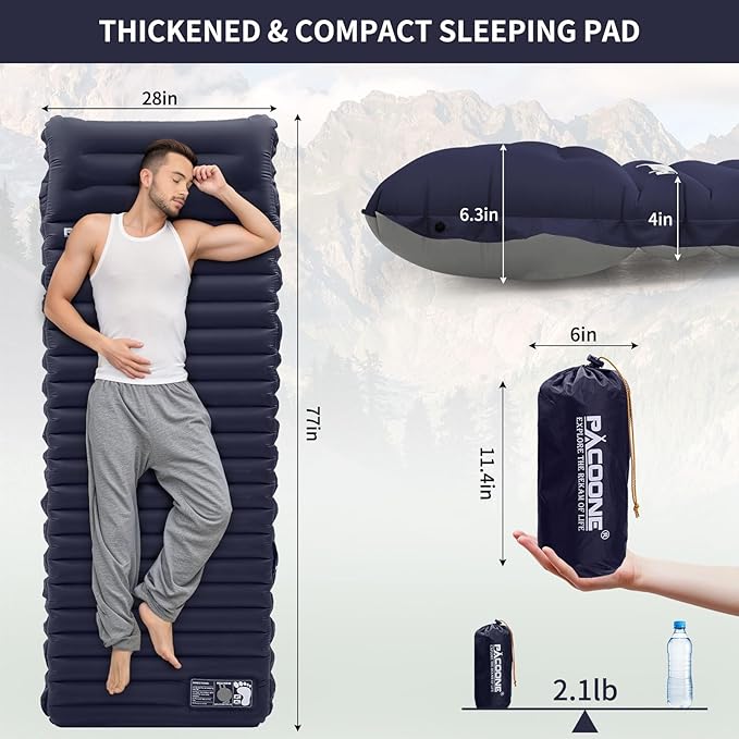 Extra Thick 4 Inch Camping Sleeping Pad, Splicable Ultralight Sleeping Pad with Pillow, Built-in Foot Pump, Lightweight Sleeping Mat for Camping Backpacking, Hiking, Tent