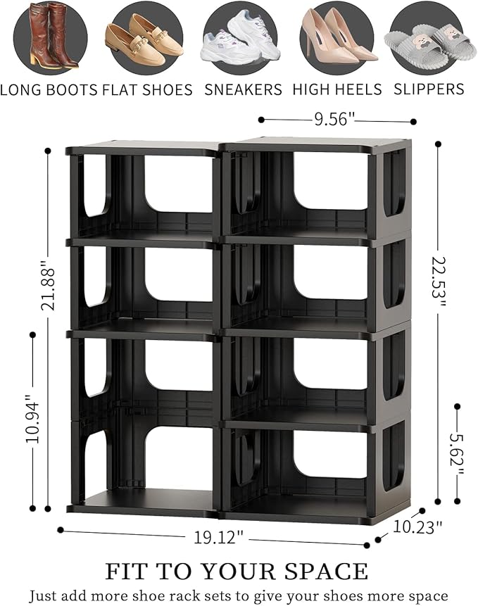 HAIXIN Adjustable 10 Tier Shoe Organizer - Narrow Plastic Vertical Shoe Rack for Closet, Entryway, Boots - Stackable Shoe Cabinet
