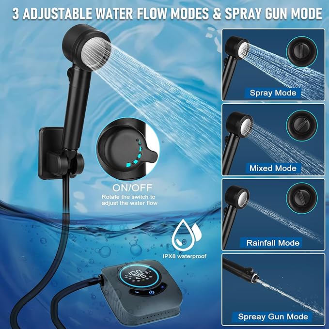 Portable Shower for Camping, [Upgraded] Spopal 8000mAh Rechargeable Camping Shower with 5 Adjustable Speeds, 4 Spray Modes, LED Display, IPX8 Waterproof Outdoor Shower Kit for Hiking, Travel, Car, Pet