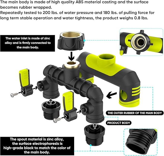 Garden Hose Splitter, 3/4-Inch Hose Manifold, Outdoor Faucet Adapter - Soft TPR Covering - Lightweight Non-Slip Sun-Resistant 2-Way Valve（green）