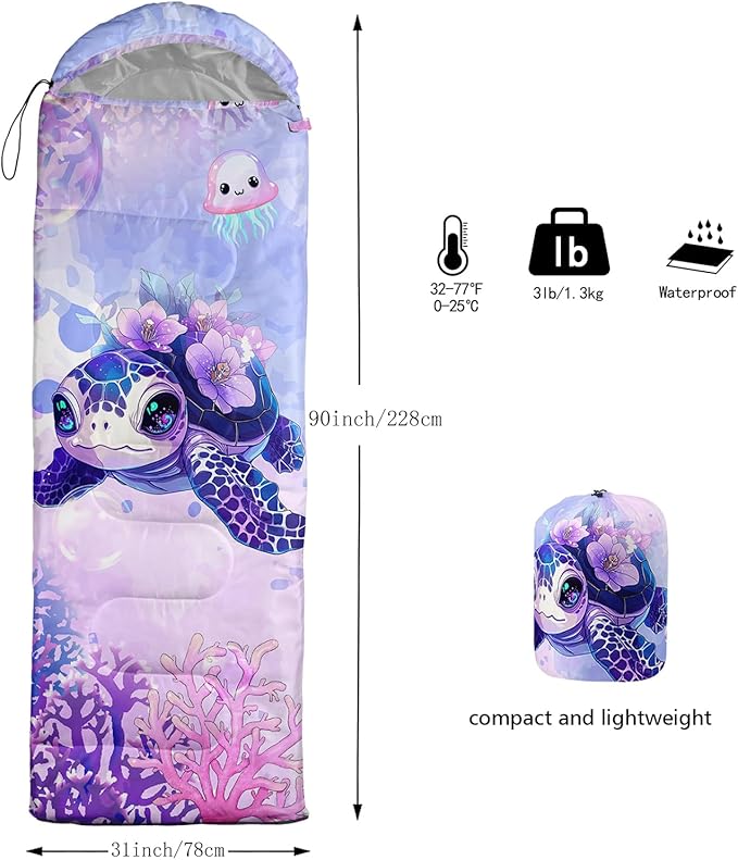 Sea Turtle Sleeping Bag for Kids Boys Girls,Ocean Themed Camping Gear,Waterproof Compact Sleeping Bag for Camping Backpacking Outdoor Hiking.