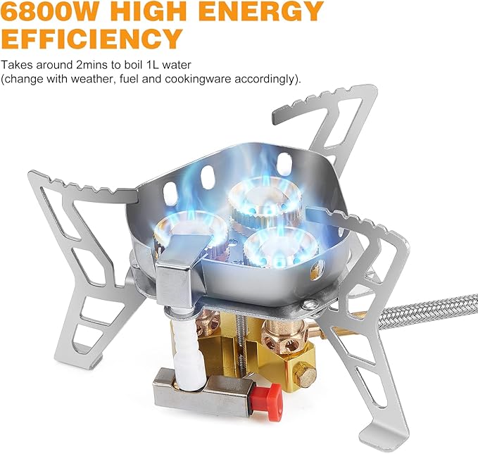 WADEO 6800W Windproof Camping Gas Stove, Small Camping Stove with Piezo Ignition, 1LB Propane Tank Adapter, Butane Adapter for Outdoor Cooking, Picnic, Camping and Hiking