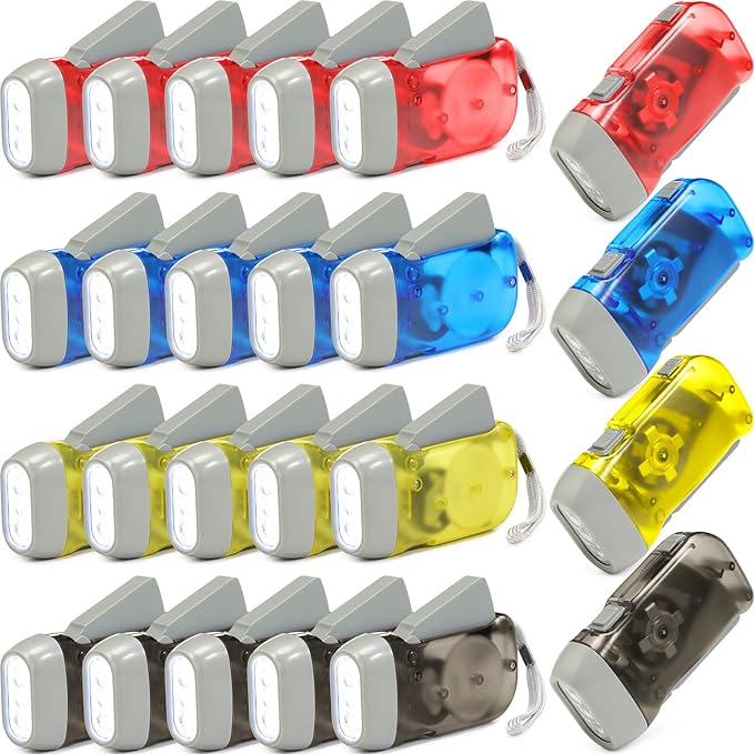 Mudder 24 Pieces Hand Crank Flashlight with LED Self Powered Charging Torch Dynamo for Camping Emergency(Yellow, Red, Grey, Blue)