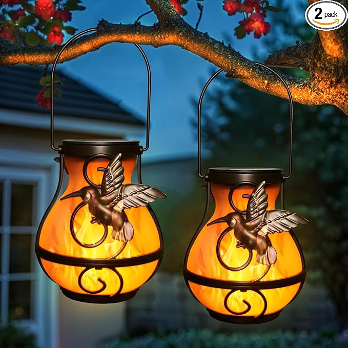 X-PREK 2 Pack Solar Lanterns Outdoor Waterproof Hummingbird Hanging Solar Lantern Flickering Flame Lights Solar Powered Lamps Garden Patio Porch Decoration(Plastics)