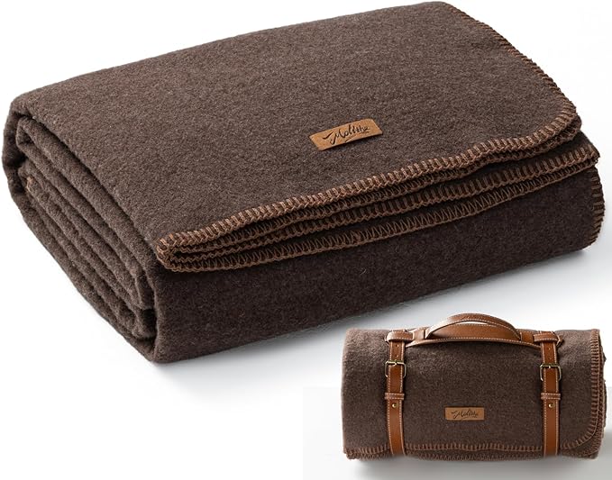 100% Wool Blanket, 62" x 86", Warm, Thick, Washable, Military Wool Blanket, Great for Camping, Outdoors, Sporting Events, Survival Kits, Brown