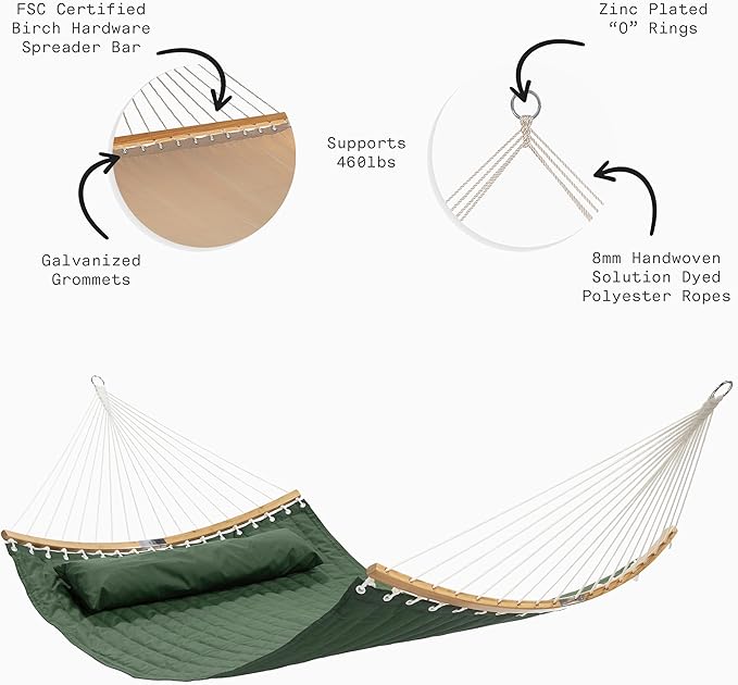 Fab Habitat Solid Quilted Recycled Polyester Hammock with Pillow, Curved Spreader Bar - Fargo - Green - Indoor/Outdoor, Quick Dry, 2 Person 460 lbs Capacity - Patio, Poolside - 11-14 ft Adjustable