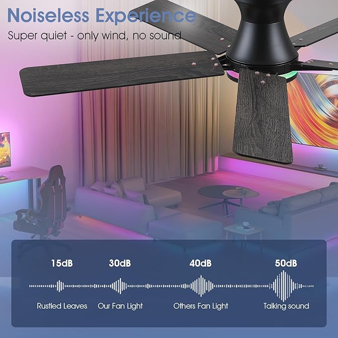 52" RGB Ceiling Fans with Lights and Remote/APP,Black Low Profile Ceiling Fans with Quiet Reversible DC Motor,Modern Flush Mount Ceiling Fan Light for Bedroom Kids Room