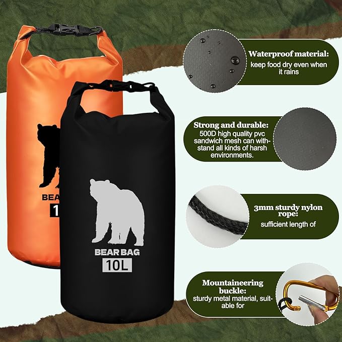 2 Pcs 10L Waterproof Bear Bags with 4 Nylon Ropes, 4 Clips & 2 Rock Pockets & 2 Small Warning Bells for Hanging Food securely. Ultralight Camping Food Bag System.