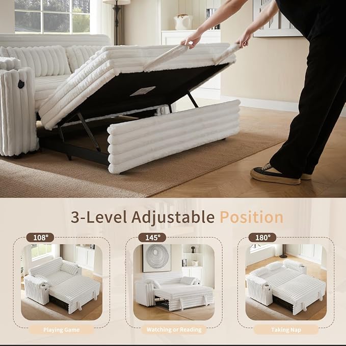 68.11" Corduroy Sleeper Chair Bed with USB Port, Cup Holders & Side Storage Pockets – 3-in-1 Foldable Sofa Bed for Guest Room, Living Room -White