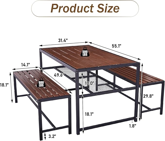 55'' Outdoor Picnic Table and Bench Set with 2" Umbrella Hole and Storage Shelf, Patio Dining Set for 6 People, Outdoor Dining Table and Chair for Garden Yard Porch- Brown