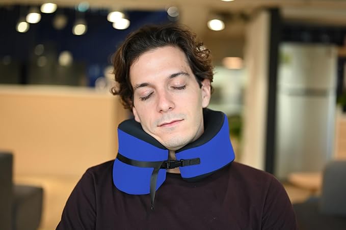C CUSHION LAB Travel Pillow, Award-Winning Patented Ergonomic Design for Chin & Neck Support Memory Foam Neck Pillow, Compact Airplane Pillow for Traveling, Flight, Car (Cobalt Blue, Large)