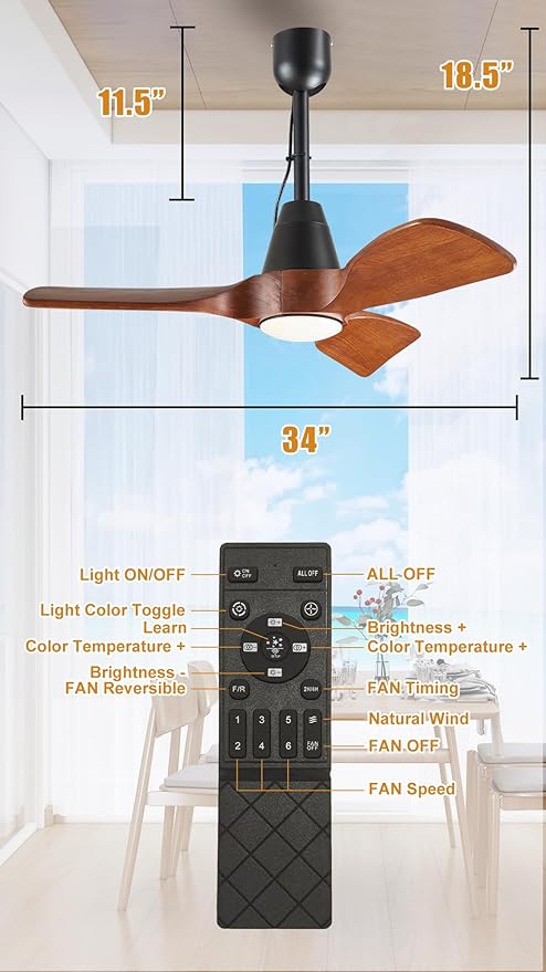 3 Blades Wood Outdoor Ceiling Fan with Light for Patios, Farmhouse Rustic Ceiling Fans with Lights, 34" Plug-in Wet Rated Outdoor Gazebo Fan with Light for Exterior House Porch Patio, Waterproof,F248