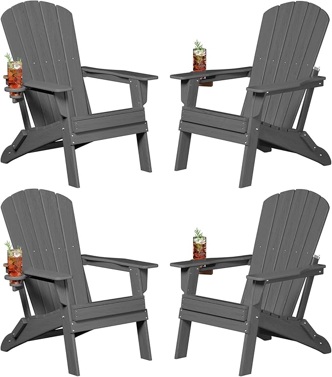Folding Adirondack Chair, SGS Tested, Wooden Textured with Cup Holder, Heavy All-Weather HDPE Comfortable Set Poolside Backyard Lawn Grey Set 4