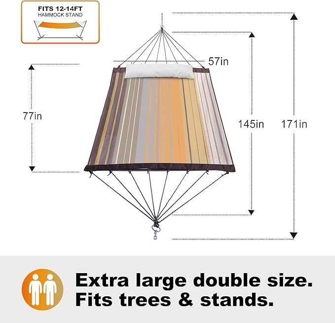 14ft Two Person Outdoor Hammock, Portable Camping with Folding Steel Spreader Bar, Carrying Bag, Carabiners, Tree Straps, Pillow & Sidebag, Quick Dry Textilene, 550 lbs Capacity (Coffee)
