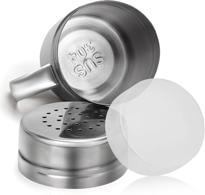 Stainless Steel Salt and Pepper Shakers Set, 6 OZ Seasoning Spice Shaker with Lid and Handle Medium Holes, Metal Dredge Shaker for Powder Sugar Cooking Kitchen Baking (2 Pieces)