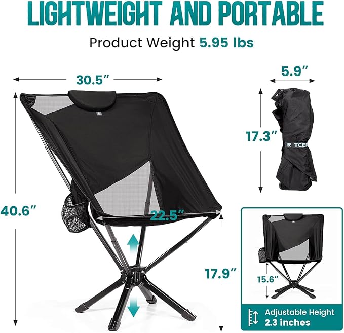 Portable High Back Camping Chair with Adjustable Height, Small Compact Outdoor Folding Chair for Adults Travel, Riselite Collapsible Lightweight Packable Camp Chairs, Easy Carry and Quick Setup