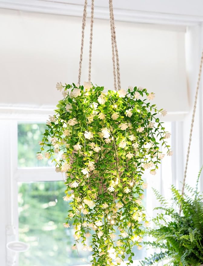 RECUTMS 3 Pcs Hanging Fake Plants Fake Vines Artificial Plants Large Faux Hanging Plant with 30 LED String Light, Artificial Hanging Plants Wall Indoor Outdoor Decorations(White)