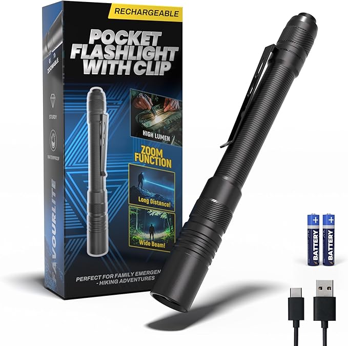 Rechargeable Pen Light Flashlight, 800LM Zoomable Pocket Flashlights with Clip Dual Modes LED Pen Flashlight Battery Powered Waterproof Bright Flashlights for Outdoor Home Emergencies (1, Black)