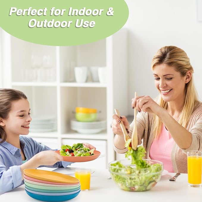 7.9 Inch Wheat Straw Dinner Plates Set of 8, Unbreakable Plastic Reusable Plates for Kitchen, Camping, Small Lightweight Deep Dinnerware Set, Dishwasher and Microwave Safe Plates, Non-Toxic, BPA Free