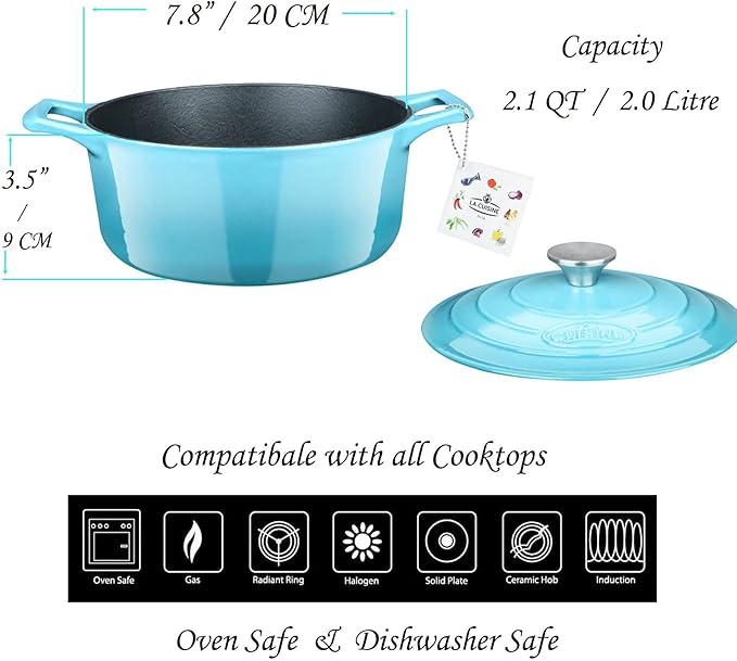 La Cuisine Enameled Cast Iron Dutch Oven Casserole Dish Pot with Lid, 2.1 QT 7.8" /20cm Dia. Internal Matte Black Enamel Coating, 2-tone Teal Enamel Exterior, Oven Safe up to 500° F for bread baking
