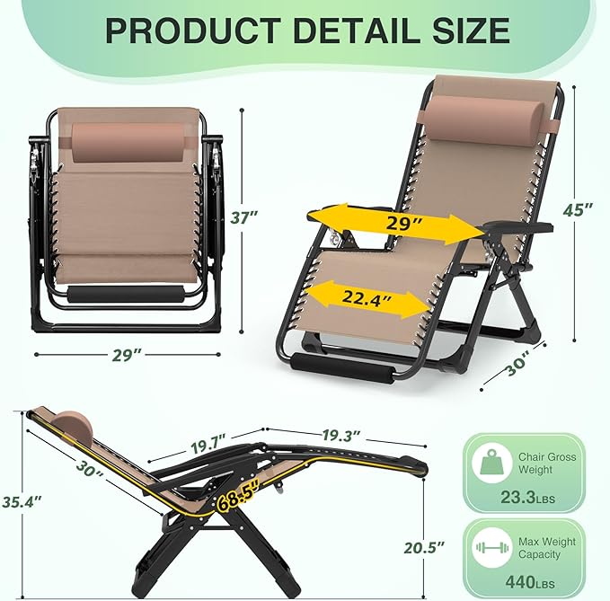 Suteck Oversized Zero Gravity Chair,29In XL Lounge Chair w/Removable Cushion&Headrest, Reclining Camping Chair w/Upgraded Lock and Footrest, Reclining Patio Chairs Recliner for Indoor Outdoor