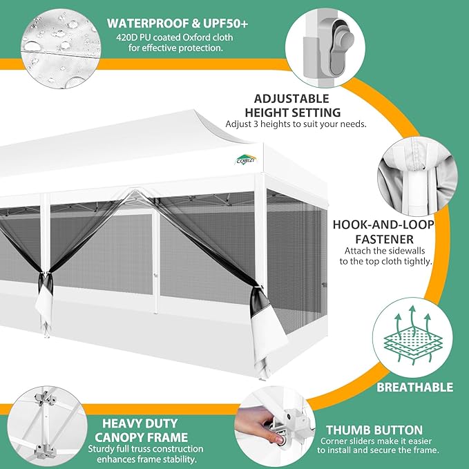 COBIZI 10x30 Canopy Tent with 8 Sidewalls,Heavy Duty Pop up Canopy Party Tent with Mosquito Netting,Easy up Screen Canopy for Parties Wedding Outdoor Patio with Roller Bag,Sandbag,White
