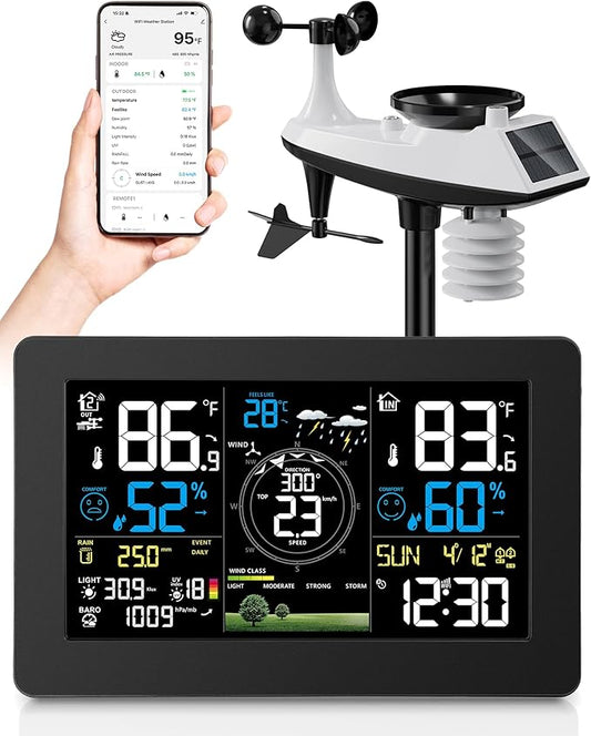 WiFi Weather Station Wireless Indoor Outdoor, Thermometer with Rain Gauge and Wind Speed/Direction, Large Display for Weather Forecast, Temperature, Humidity, Clock, Alarm, UV, Air Pressure
