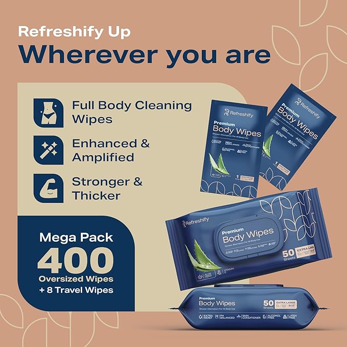 Extra large Shower Body Wipes for Adults 8" x 12" (400 count) + 8 Travel Packs | Adult Wipes for Elderly, Bathing No Rinse, Vitamin E, 8 Packs of 50