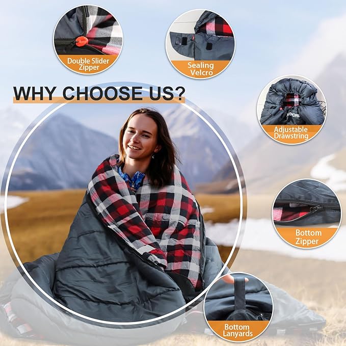 0 Degree Sleeping Bag 100% Cotton Flannel XXL Cold Weather Winter Oversized Sleeping Bag for Adults Camping Zero Degree Big and Tall with Compression Sack