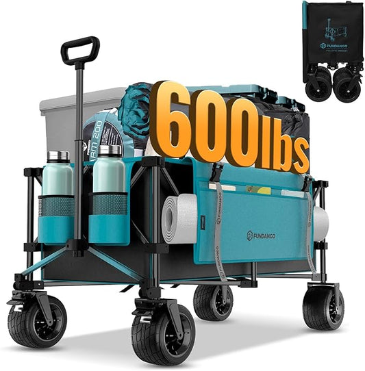 FUNDANGO 600lbs Heavy Duty Wagon, Foldable Beach Collapsible Wagons Garden Cart with Brakes, Side Pockets & All-Terrain Big Wheels for Sports Camping Shopping Groceries, Black/Blue