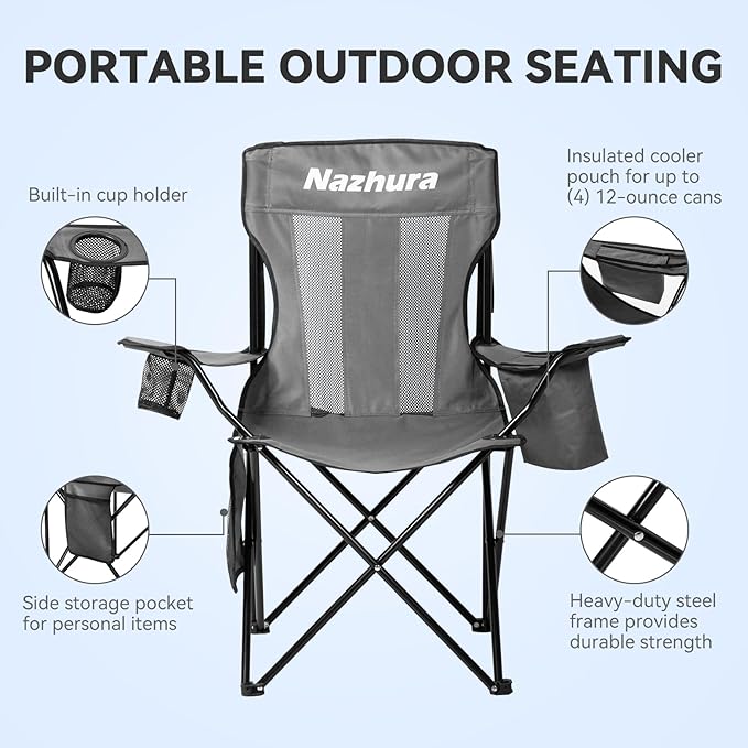 Nazhura 2 Pack Outdoor Camping Chairs Folding/Foldable/Portable with Cooler Pouch, Mesh Backrest and Cup Holder Pocket(Grey, 2 Pack)