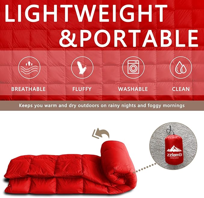zzlamb Puffy Down Camping Blanket Water-Repellent, Down Throw Travel Blanket Portable for Outdoor, Light Warm Quilt for Couch Plane Car Theater Stadium Picnic RV Backpacking Hammock