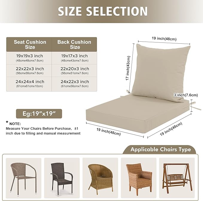 Outdoor Cushions for Patio Furniture, Waterproof Outdoor Chair Cushion w/Fade-Resistant, Removable & Machine-Washable Cover, 22x22 Inch, Deep Seat Sofa/Couch Pad Replacement – Set of 1/2/4, Cream