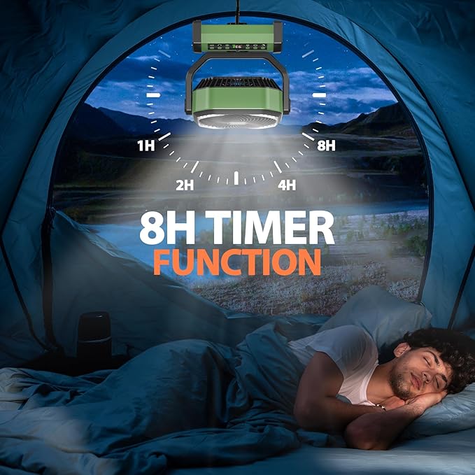 MORECORE 20000mAh Rechargeable Camping Fan with Light, 112HRS Running, 8-Speed, Auto Oscillating, Timer, LED Digital Display, 270°Pivot with Hook for Tent RV Emergency Garage-Army Green