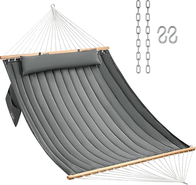 Double Quilted Fabric Hammock with Hardwood Spreader Bars and Pillow 450 LBS Capacity 2 Person Large Hammock for Outdoor Patio Backyard Poolside - Dark Grey