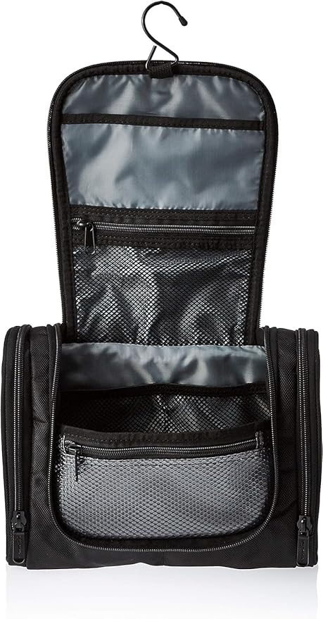 Amazon Basics Travel Toiletry Bag for Men and Women, Hanging Toiletry Bag, Dopp Kit with 2 Side Pockets, Multiple Interior Pockets, Durable 1680D Polyester, Handles Bathroom Spills/Splashes, Black