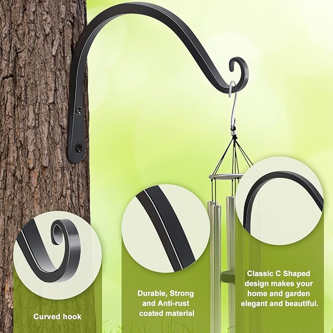 FEED GARDEN 2 Pack 8 Inch Hanging Plant Bracket Wall Hooks Decorative Plant Hangers for Outdoor Hanging Bird Feeders, Wind Chimes, Plant Baskets, Black