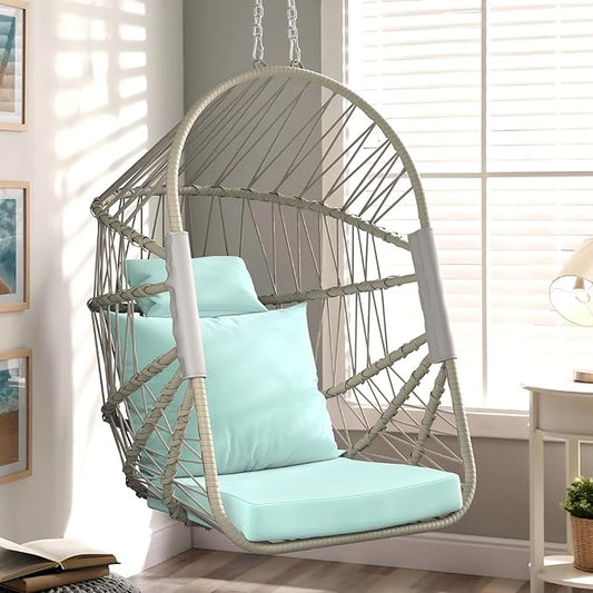 YITAHOME Hanging Egg Chair Without Stand, Rattan Wicker Swing Egg Chair with Resistant Cushion, 350lbs Capacity, Foldable Hanging Basket Chair for Porch, Garden, Bedroom, Balcony - Sky Blue