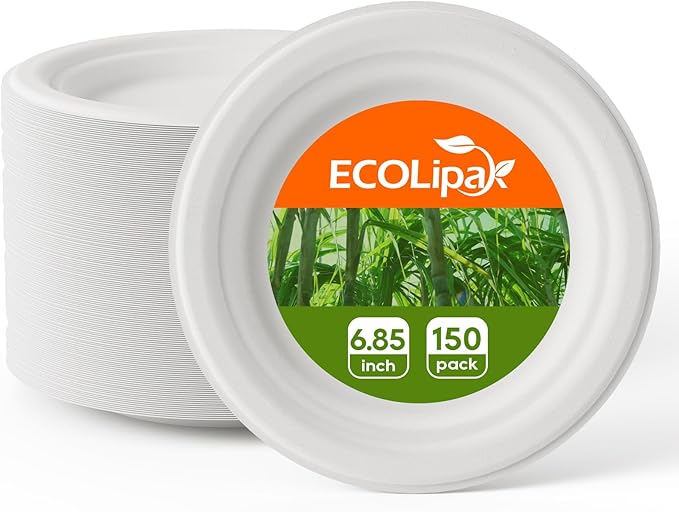 ECOLipak 6.85 Inch Compostable Dessert Paper Plates, 150 Pack Disposable Biodegradable Heavy Duty Eco-friendly Sugarcane Bagasse Halloween Plates for Party