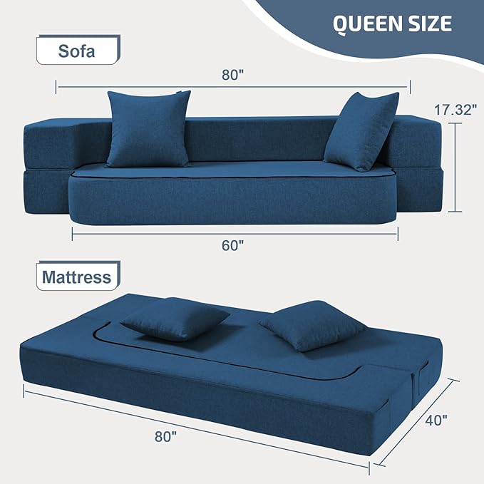 2-in-1 Folding Sofa Bed with Pillows - Folding Chair Floor Couch & Sleeping Mattress - Washable Cover & Memory Foam Sleeper Chair for Living Room/Guest Room/Apartment/Loft, Navy Blue, Twin XL